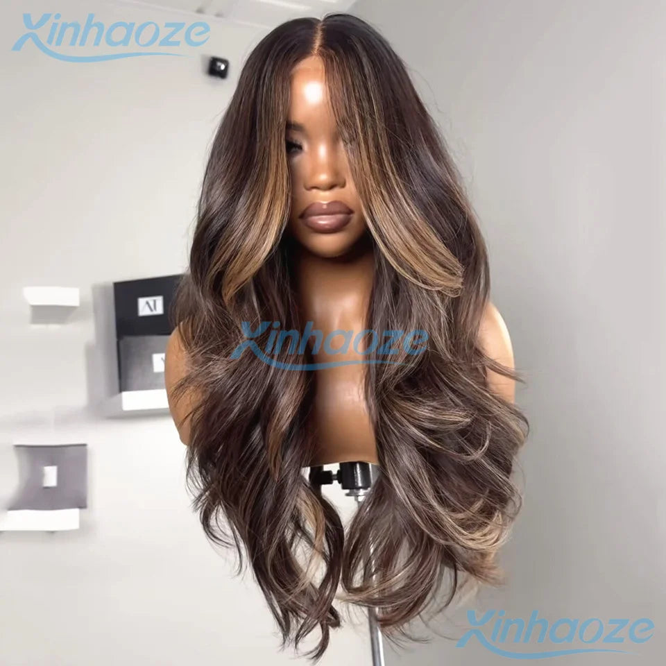 Brown #4/6 Highlight Natural Wavy Glueless 5x5 Silk Top Closure Wigs Human Hair Pre Plucked Remy Brazilian 360/Full Lace Wigs