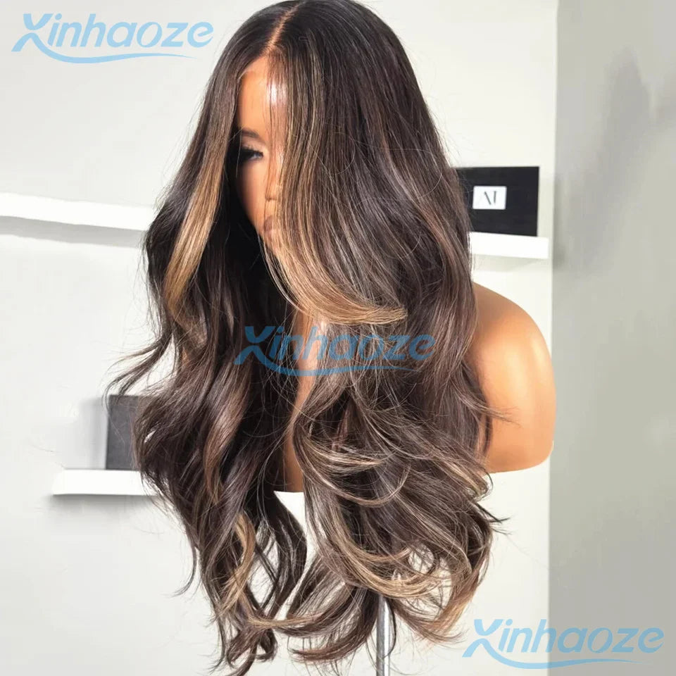 Brown #4/6 Highlight Natural Wavy Glueless 5x5 Silk Top Closure Wigs Human Hair Pre Plucked Remy Brazilian 360/Full Lace Wigs