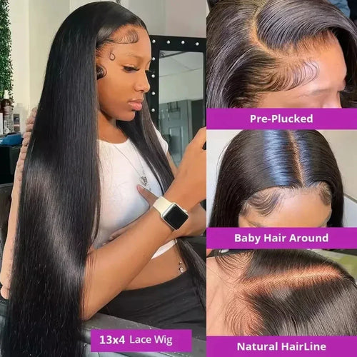 13x4 Brazilian Human Hair Wear and Go 200 Density Straight 13x6 Hd Lace Frontal Wigs Natural Black Pre Plucked with Baby Hair