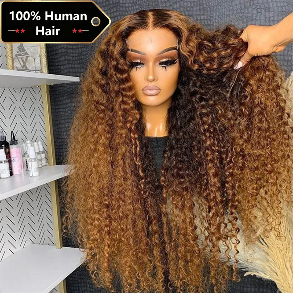 30 Inch 250 Density Highlight Honey Brown Curly Lace Front Human Hair Wigs 13x6 13x4 Ombre Colored Deep Wave Lace Frontal Wig