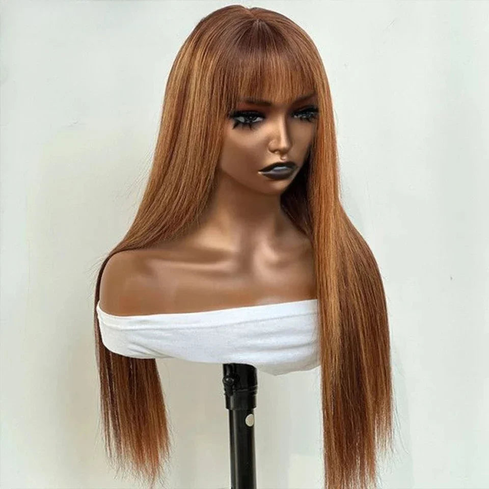 Highlight P4/30/27 100% Human Hair Wigs Straight With Bangs Fringe Brazilian Straight Human Hair Wigs Full Machine Made Wigs