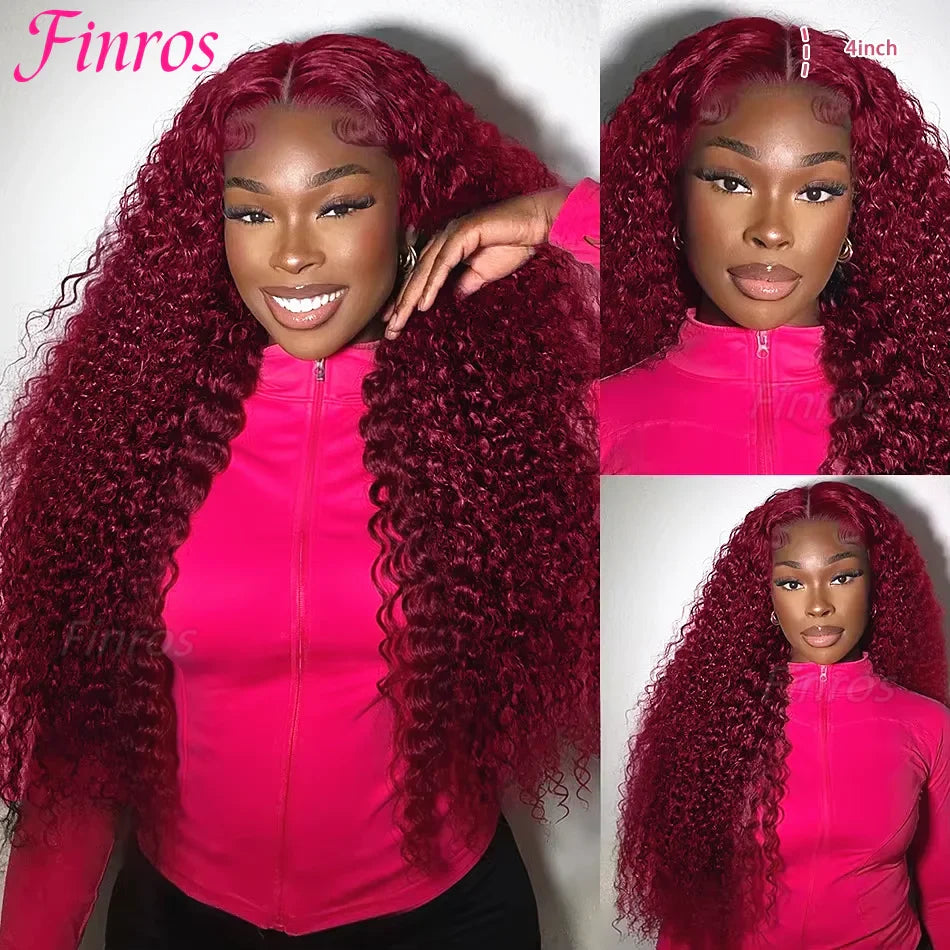 Finros 99J Burgundy 13x6 Hd Deep Wave Lace Frontal Wigs For Women Water Wave 13x4 Transparent Curly Human Hair Wigs Pre Plucked