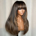 Brown Mix Blonde Highlight With Bang HD Lace Human Hair Wig Clearance Glueless Light Brown with Blond Highlights 22 Inch Wigs