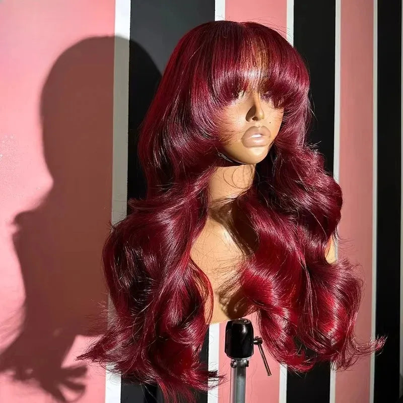 Black Body Wave Lace Front Wig With Bangs 13x4 HD Lace Wig Glueless Synthetic And Blend High Quality Pre Plucked For Women
