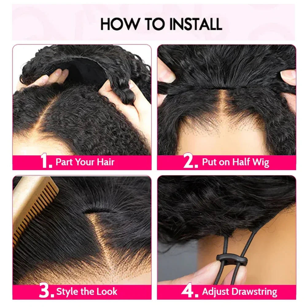 3 IN 1 Half Wig 200% Density Glueless Kinky Curly 100% Human Hair Wigs Invisible Hairline Wear Go With Drawstring Seamless