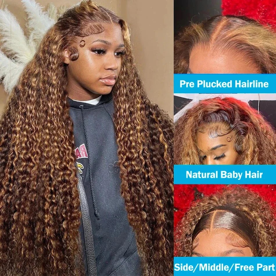 30 40 Inch Curly Highlight Ombre 13x6 Hd Lace Front Human Hair Wigs Brazilian Colored Deep Wave 13x4 Lace Frontal Wig For Women
