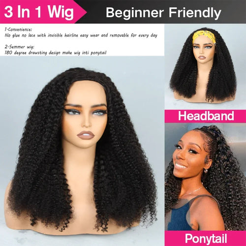 3 IN 1 Half Wig 200% Density Glueless Kinky Curly 100% Human Hair Wigs Invisible Hairline Wear Go With Drawstring Seamless