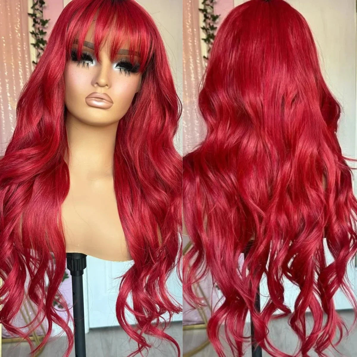 Black Body Wave Lace Front Wig With Bangs 13x4 HD Lace Wig Glueless Synthetic And Blend High Quality Pre Plucked For Women