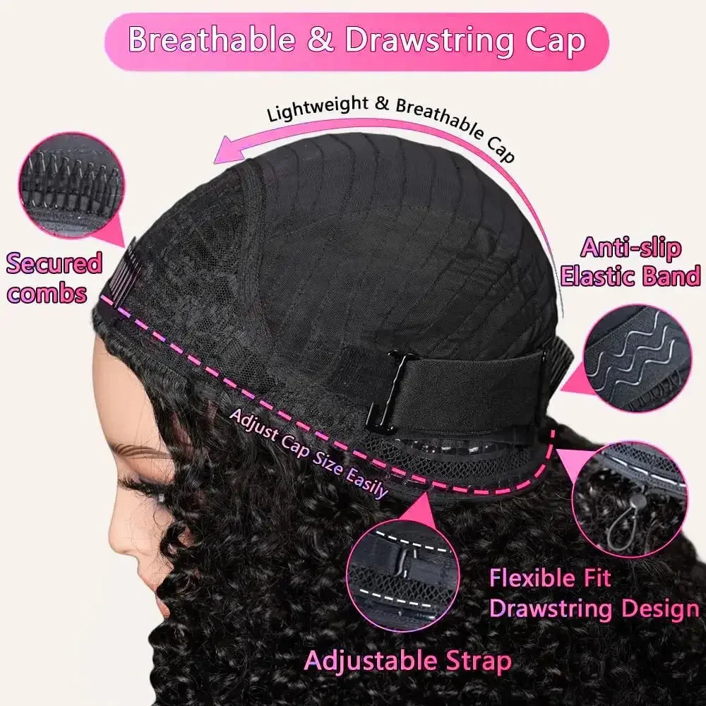 3 IN 1 Half Wig 200% Density Glueless Kinky Curly 100% Human Hair Wigs Invisible Hairline Wear Go With Drawstring Seamless