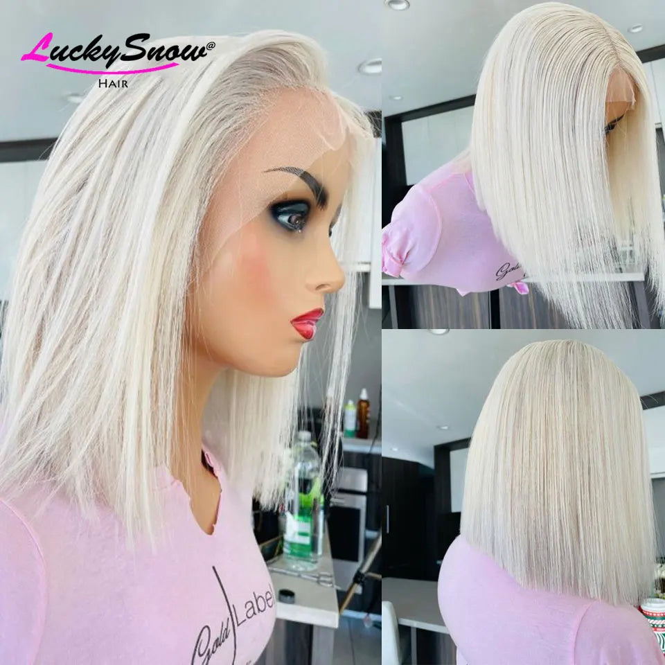 Colored 100% Human Hair Wig White Straight Short Bob 180 Density Transparent 13*4 Frontal Lace Wigs Cosplay For Women HD Wigs