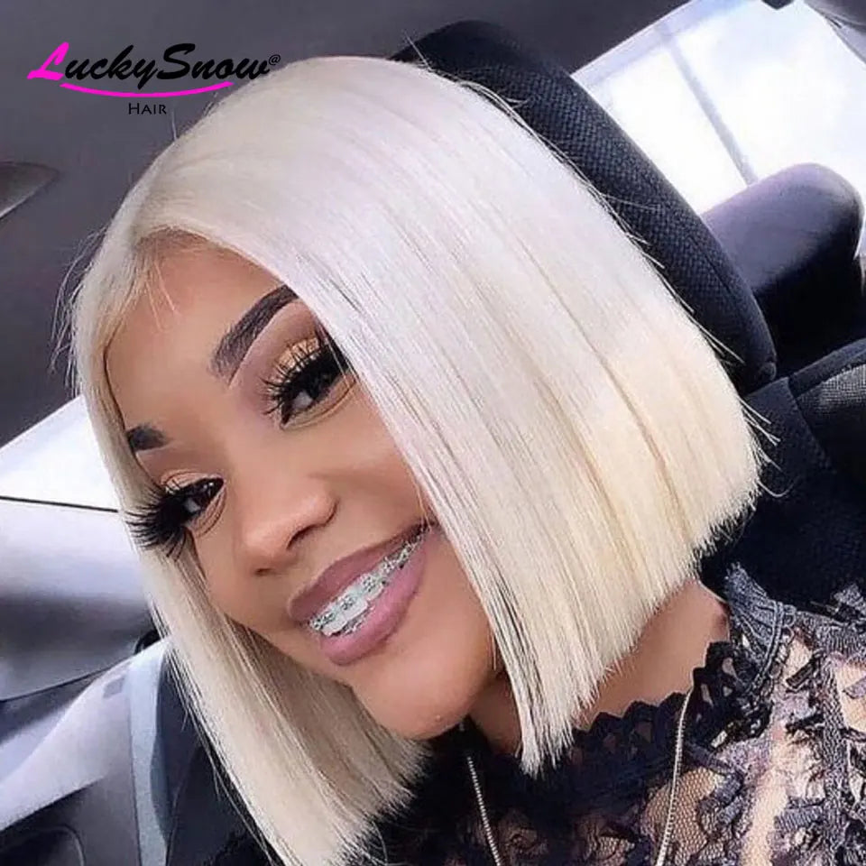 Colored 100% Human Hair Wig White Straight Short Bob 180 Density Transparent 13*4 Frontal Lace Wigs Cosplay For Women HD Wigs