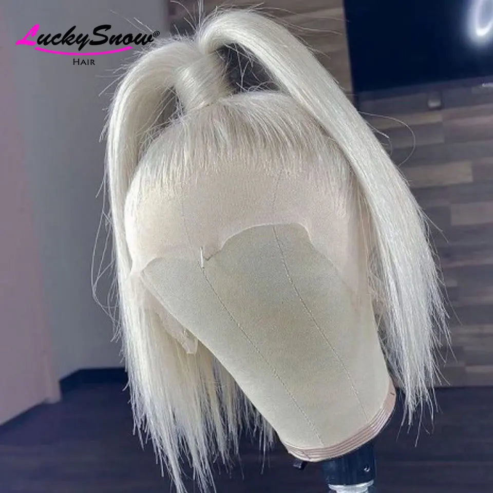 Colored 100% Human Hair Wig White Straight Short Bob 180 Density Transparent 13*4 Frontal Lace Wigs Cosplay For Women HD Wigs