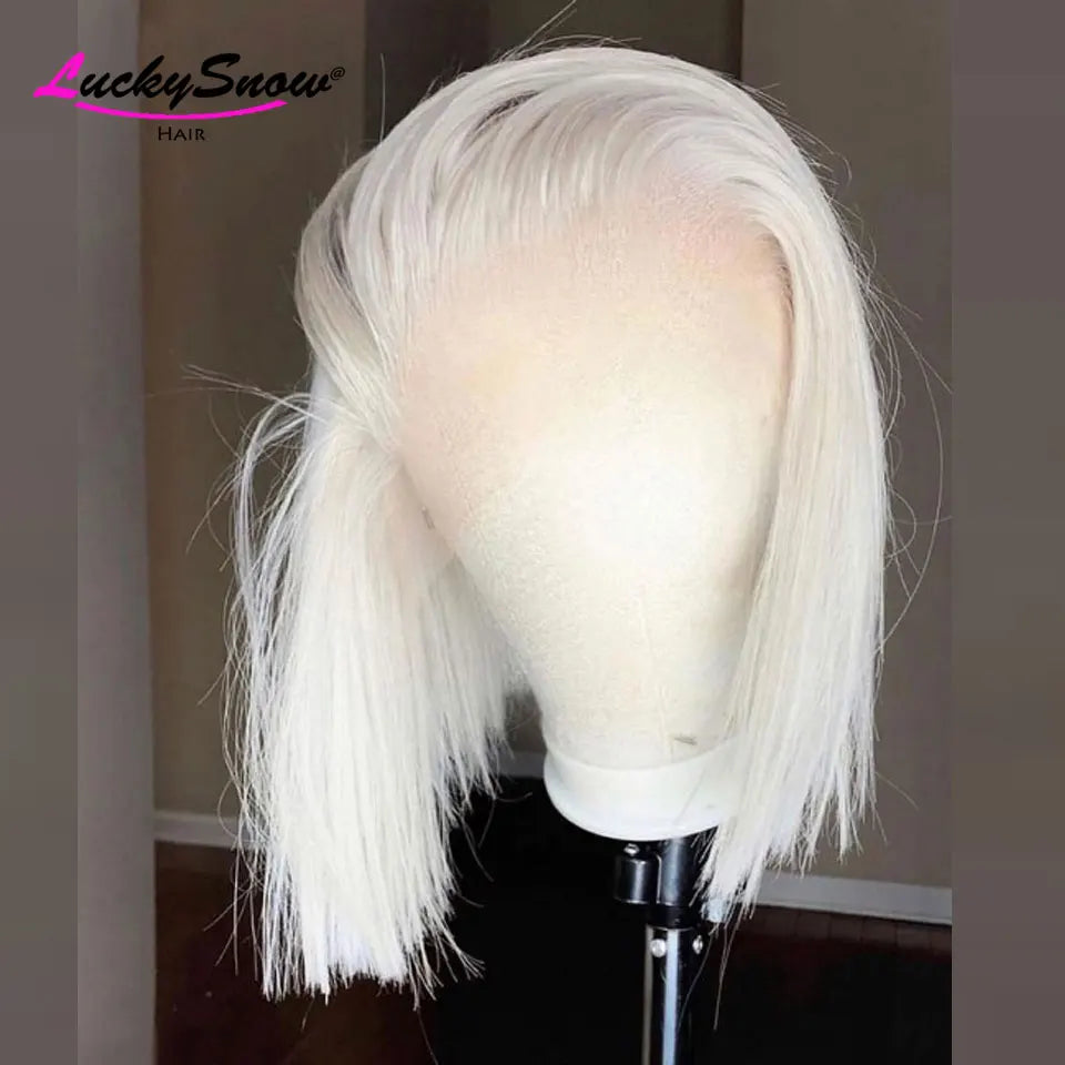 Colored 100% Human Hair Wig White Straight Short Bob 180 Density Transparent 13*4 Frontal Lace Wigs Cosplay For Women HD Wigs