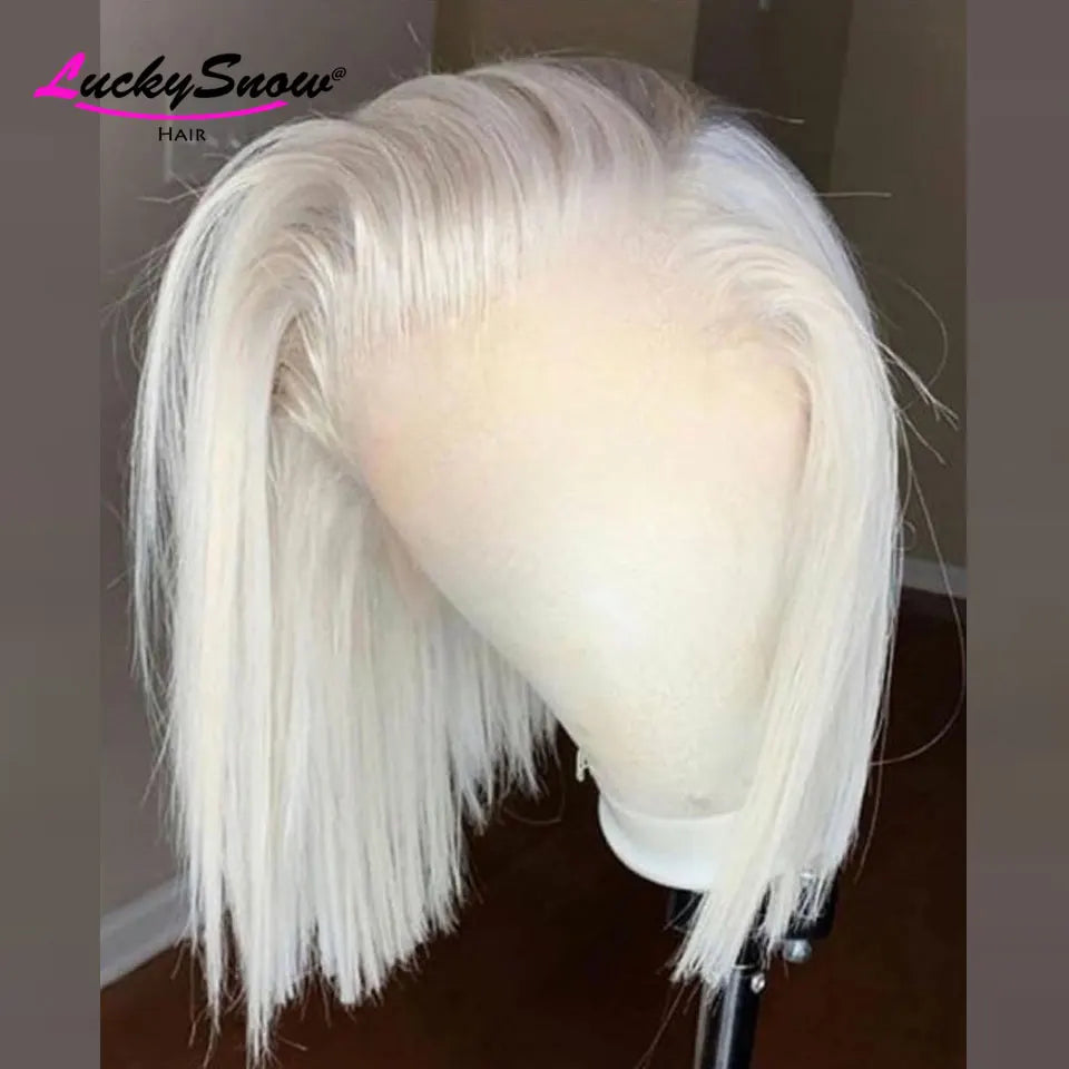 Colored 100% Human Hair Wig White Straight Short Bob 180 Density Transparent 13*4 Frontal Lace Wigs Cosplay For Women HD Wigs
